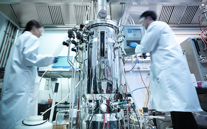 Wissenschaftler arbeiten im Labor neben Bioreaktor an der Proteinproduktion